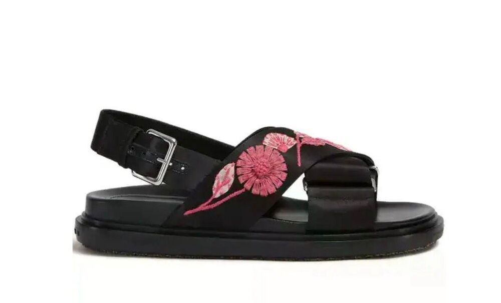 Marni Fussbett Floral-Embellished Sandals in Black& Pink NWT Size 36.5/ 6 1/2